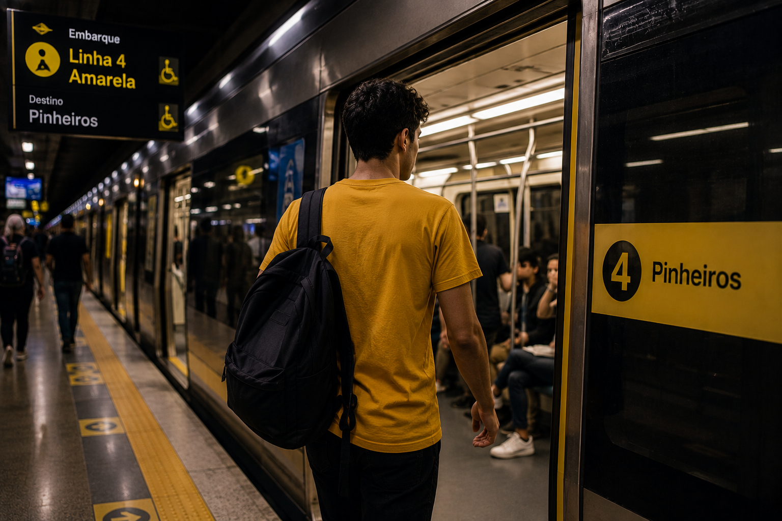 Passageiro embarcando na Linha 4 Amarela, em direção à estação Pinheiros, no metrô de São Paulo.